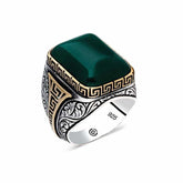 Silver Green Agate Stone Angled Men's Ring